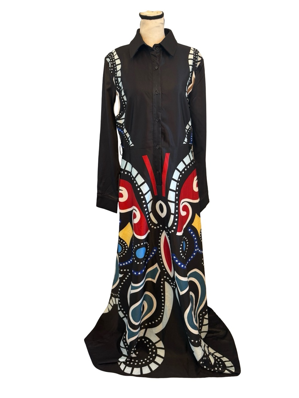 Kosmios NWT Maxi Shirt Dress Medium Abstract Print Button Front Long Sleeve